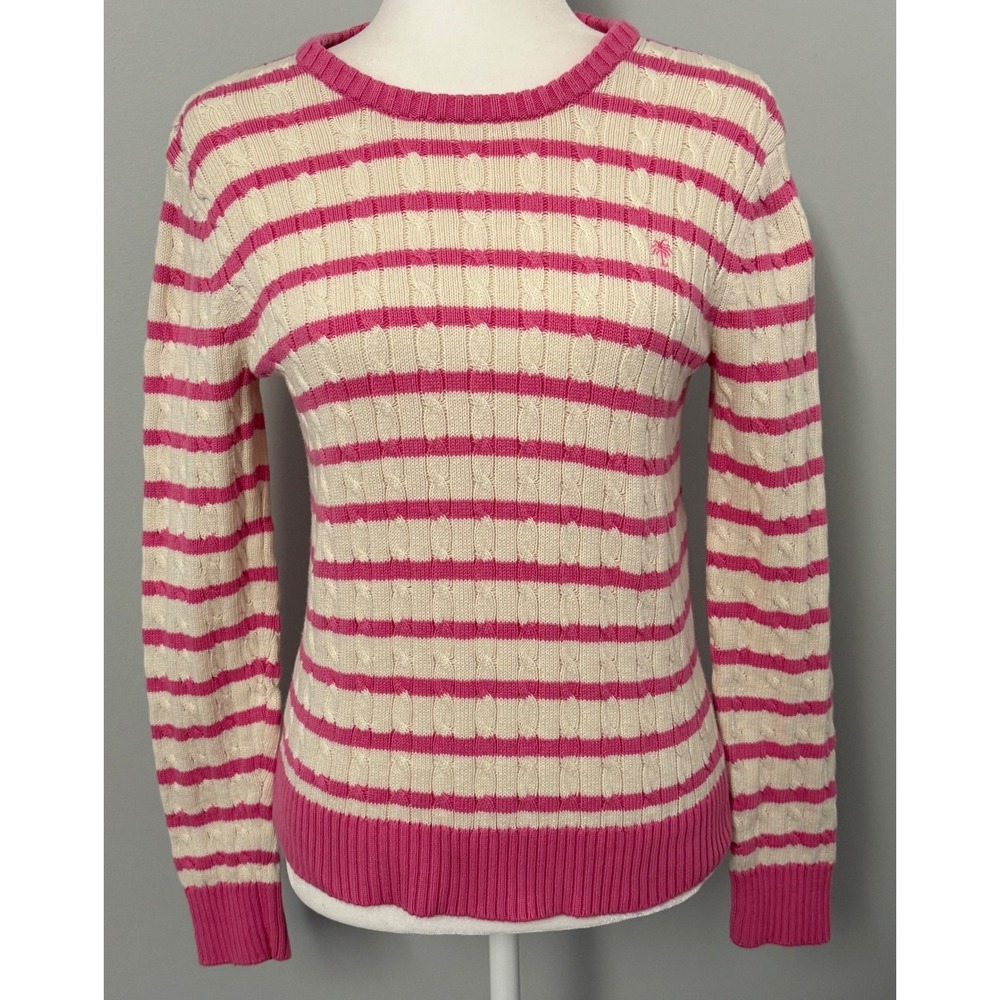 Lilly Pulitzer Women's Medium Striped Cable Knit Pink Ivory Cotton Sweater